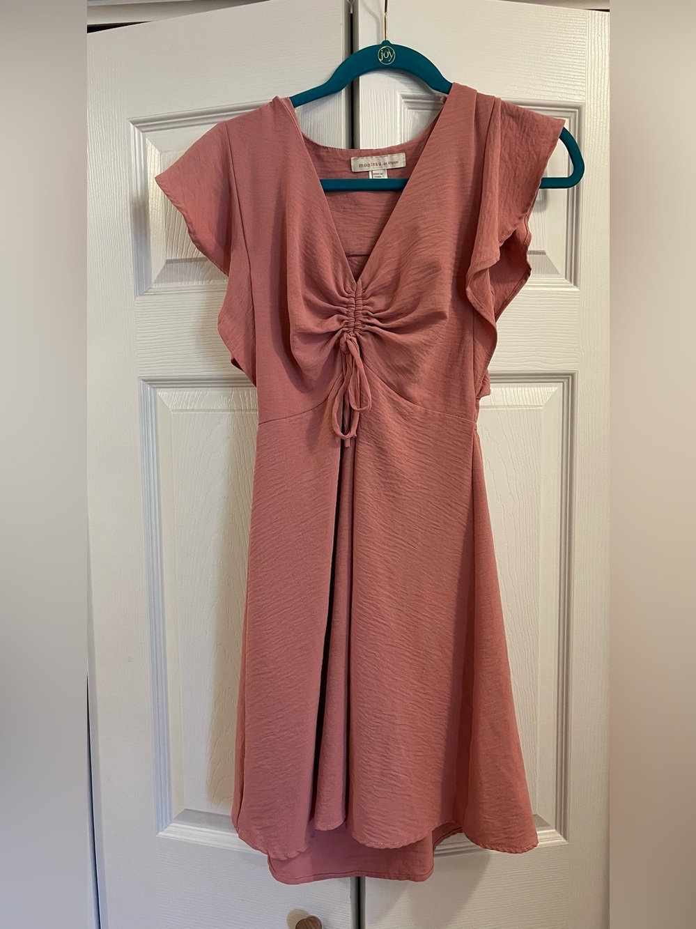 Rust Pink Ruched Front Flutter Sleeve Dress